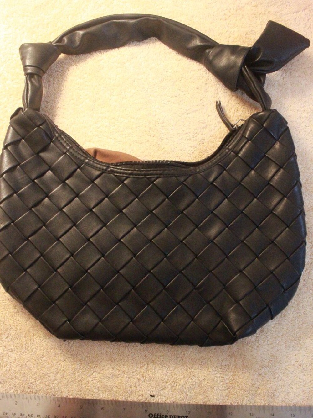 Black Basketweave Shoulder Bag with Knotted Strap